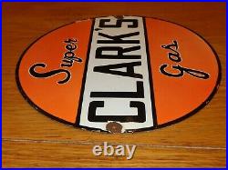 Vintage Clark's Super Gas 11 3/4 Porcelain Metal Car Truck Gasoline Oil Sign