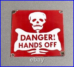 Vintage Danger Hands Off Porcelain Sign Car Gas Truck Oil Motorcycle