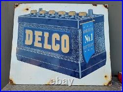 Vintage Delco Porcelain Sign Old Battery Advertising Automobile Parts Gas Oil