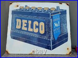 Vintage Delco Porcelain Sign Old Battery Advertising Automobile Parts Gas Oil