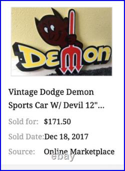 Vintage Dodge Demon Car & Devil 11 3/4 Metal Gasoline Oil Sign Challenger Satan