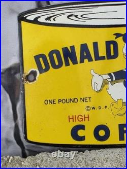 Vintage Donald Duck Coffee Porcelain Sign Gas Oil Car Truck 8×5.5
