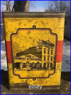 Vintage Early Ramsay & Treganowan Motor Oil Can Melbourne Car Graphics Gas Oil