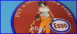 Vintage Esso Gasoline Porcelain Tiger Gas Service Station Auto Tank Sign