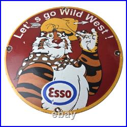 Vintage Esso Gasoline Sign Gas Service Station Auto Tiger Tank Porcelain Sign