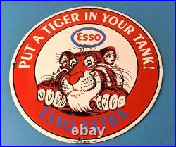 Vintage Esso Gasoline Sign Tiger Gas Service Station Auto Tank Porcelain Sign