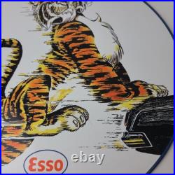 Vintage Esso Gasoline Sign Tiger Gas Service Station Auto Tank Porcelain Sign