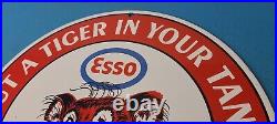 Vintage Esso Gasoline Sign Tiger Gas Service Station Auto Tank Porcelain Sign