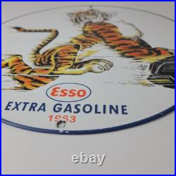 Vintage Esso Gasoline Sign Tiger Gas Service Station Auto Tank Porcelain Sign
