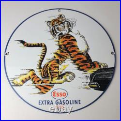 Vintage Esso Gasoline Sign Tiger Gas Service Station Auto Tank Porcelain Sign