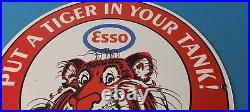 Vintage Esso Gasoline Sign Tiger Gas Service Station Auto Tank Porcelain Sign