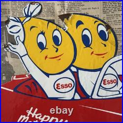 Vintage Esso Oil Drop Boy & Girl Car 20x14 Inches Porcelain Enamel Sign