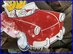 Vintage Esso Porcelain Metal Sign Happy Motoring Car Die Cut Motor Oil Drop Girl