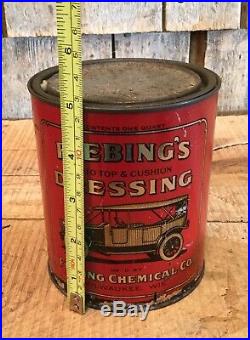 Vintage FIEBINGS DRESSING Auto Top Cushion Cleaner Tin Can Antique Car Graphics