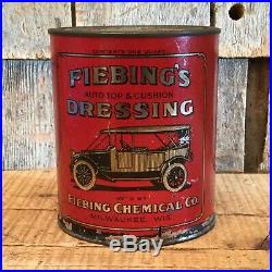 Vintage FIEBINGS DRESSING Auto Top Cushion Cleaner Tin Can Antique Car Graphics
