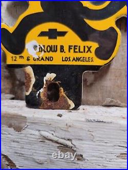 Vintage Felix Chevrolet Porcelain Sign Old Car Los Angeles Dealer Tag Topper Cat