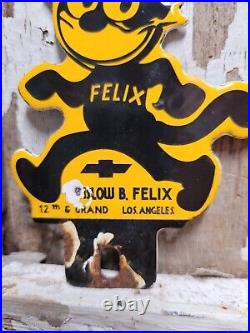 Vintage Felix Chevrolet Porcelain Sign Old Car Los Angeles Dealer Tag Topper Cat