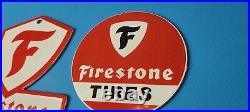 Vintage Firestone Porcelain Gas Automobile Tires Topper & 5 Service Dealer Sign