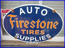 Vintage Firestone Tires Old Porcelain Metal Oval Automobile Parts Dealer Sign