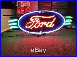 Vintage Ford Double Sided Porcelain Dealership Neon Sign Gas Oil Chevy