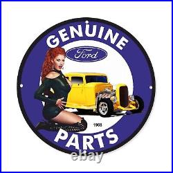 Vintage Ford Genuine Parts Car Motors Service Pinup Girl Porcelain Enamel Sign