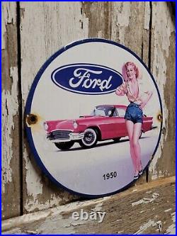 Vintage Ford Porcelain Sign Automobile Dealer Sales Station Oil Service Woman