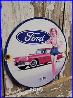 Vintage Ford Porcelain Sign Old Automobile Dealer Sales Service Woman Sign 12