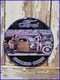 Vintage Ford Porcelain Sign Truck Car Dealer Sales Service Automobile Woman