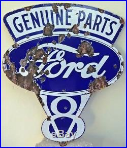 Vintage Ford V8 Motor Car Genuine Parts Porcelain Enamel Sign Double Sided Ad#F