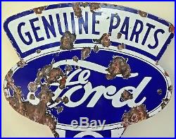 Vintage Ford V8 Motor Car Genuine Parts Porcelain Enamel Sign Double Sided Ad#F