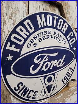 Vintage Ford V8 Porcelain Sign 18 Flange Automobile Dealer Gas Sales Service