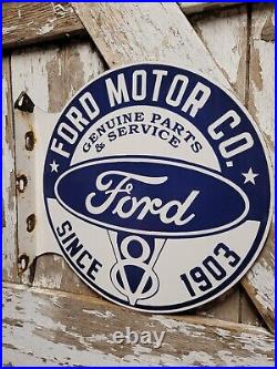 Vintage Ford V8 Porcelain Sign 18 Flange Automobile Dealer Gas Sales Service