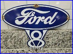Vintage Ford V8 Porcelain Sign Motor Oil Gas Station Service Truck Car Dealer