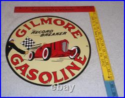 Vintage Gilmore Record Break Gasoline Car +flag 11 3/4 Porcelain Metal Oil Sign
