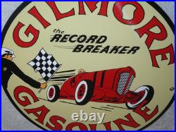 Vintage Gilmore Record Break Gasoline Car +flag 11 3/4 Porcelain Metal Oil Sign