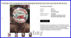 Vintage Gilmore Record Break Gasoline Car +flag 11 3/4 Porcelain Metal Oil Sign