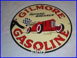 Vintage Gilmore Record Break Gasoline Car +flag 11 3/4 Porcelain Metal Oil Sign