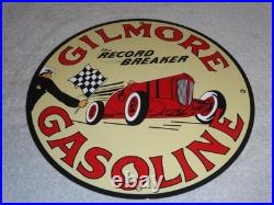 Vintage Gilmore Record Break Gasoline Car +flag 11 3/4 Porcelain Metal Oil Sign