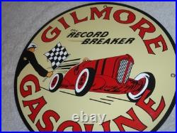 Vintage Gilmore Record Break Gasoline Car +flag 11 3/4 Porcelain Metal Oil Sign