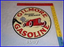 Vintage Gilmore Record Break Gasoline Car +flag 11 3/4 Porcelain Metal Oil Sign