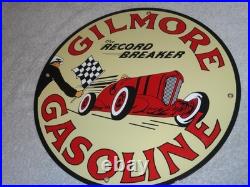 Vintage Gilmore Record Break Gasoline Car +flag 11 3/4 Porcelain Metal Oil Sign