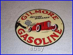Vintage Gilmore Record Break Gasoline Car +flag 11 3/4 Porcelain Metal Oil Sign