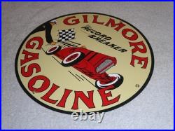 Vintage Gilmore Record Break Gasoline Car +flag 11 3/4 Porcelain Metal Oil Sign
