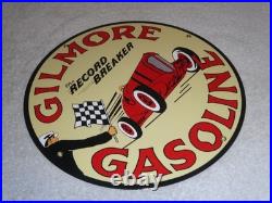 Vintage Gilmore Record Break Gasoline Car +flag 11 3/4 Porcelain Metal Oil Sign