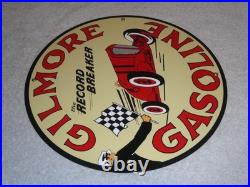 Vintage Gilmore Record Break Gasoline Car +flag 11 3/4 Porcelain Metal Oil Sign