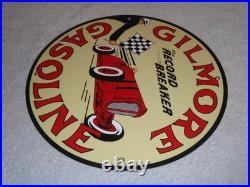 Vintage Gilmore Record Break Gasoline Car +flag 11 3/4 Porcelain Metal Oil Sign