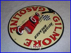 Vintage Gilmore Record Break Gasoline Car +flag 11 3/4 Porcelain Metal Oil Sign