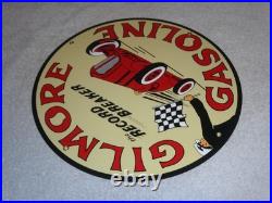 Vintage Gilmore Record Break Gasoline Car +flag 11 3/4 Porcelain Metal Oil Sign