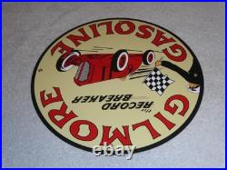 Vintage Gilmore Record Break Gasoline Car +flag 11 3/4 Porcelain Metal Oil Sign