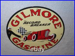 Vintage Gilmore Record Break Gasoline Car +flag 11 3/4 Porcelain Metal Oil Sign
